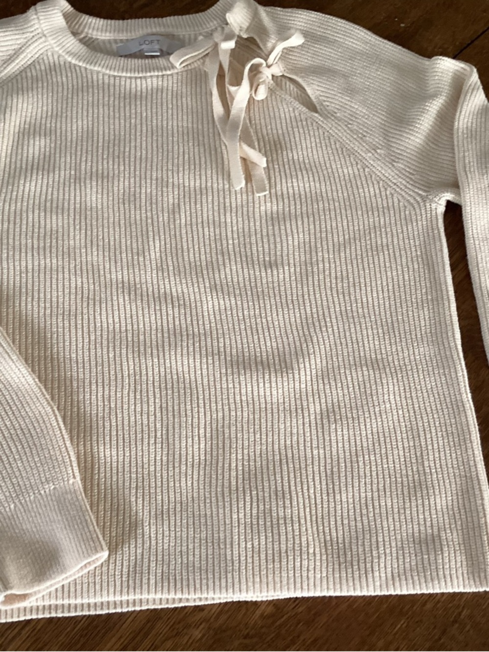 LOFT Cream Ribbed Tie-Detail Sweater